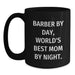 Funny Barber Gifts from Mom, Inspirational Black Coffee Mugs for Graduation, 'Barber By Day, World's Best Mom By Night.' - Main