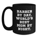 Funny Barber Gifts from Mom, 'Barber By Day, World's Best Mom By Night.' for Barber Graduation, Unique Black Coffee Mug - Main