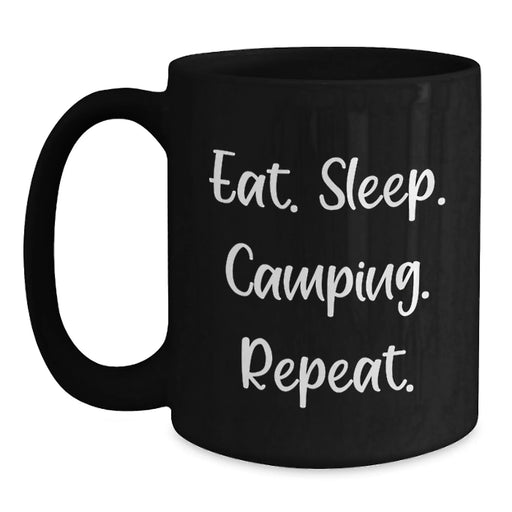 Funny Camping Gifts for Men from Friends, Black Coffee Mug with Eat. Sleep. Camping. Repeat. Quote, Perfect for Christmas Unique Presents - Main