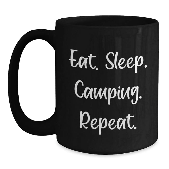 Funny Camping Gifts for Men from Friends, Black Coffee Mug with Eat. Sleep. Camping. Repeat. Quote, Perfect for Christmas Unique Presents - Main