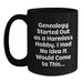 Funny Genealogy Gifts for Her, Genealogy Enthusiast Mug, 'Genealogy Started Out As A Harmless Hobby. I Had No Idea It Would Come To This...', Black Coffee Mug, Gifts from Family to Genealogy Lover - Main