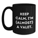 Funny Valet Gifts from Mom, Black Coffee Mug - Keep Calm, I'm Almost A Valet - Unique Graduation Gifts for Valet Men - Main
