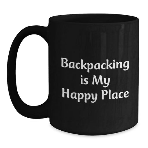 Backpacking Enthusiasts' Delight, Funny Gifts from Friends for Happy Backpackers, Black Coffee Mug - Main