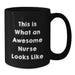 Funny Nurse Gifts from Friends and Family - Black Coffee Mug with 'This Is What An Awesome Nurse Looks Like' Quote - Unique Christmas Memorable Presents for Nurses - Additional