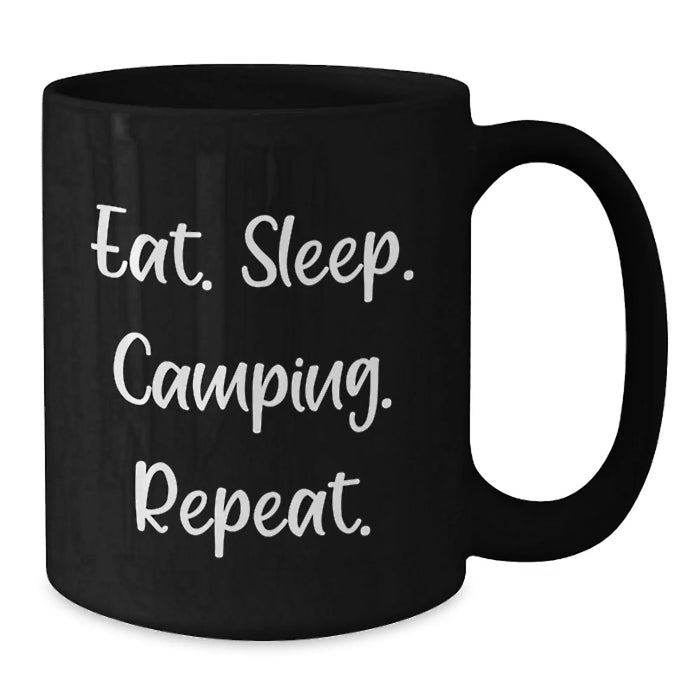 Funny Camping Gifts for Men from Friends, Black Coffee Mug with Eat. Sleep. Camping. Repeat. Quote, Perfect for Christmas Unique Presents - Additional