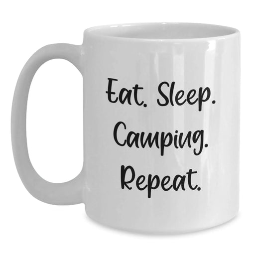 Funny Camping Gifts for Men - White Coffee Mug with Eat. Sleep. Camping. Repeat. - Christmas Unique Presents from Friends - Main