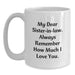 Unique Gifts for Sister-in-law, Funny White Coffee Mug, 'My Dear Sister-in-law. Always Remember How Much I Love You.' Quote, Gifts from Men, Women, Family, Christmas Unique Gifts - Main