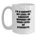 Funny Chemist Gifts from Men to Wife on Valentine's White Coffee Mug - 'I'm A Chemist. My Level Of Sarcasm Depends On Your Level Of Stupidity.' - White Ceramic - Main