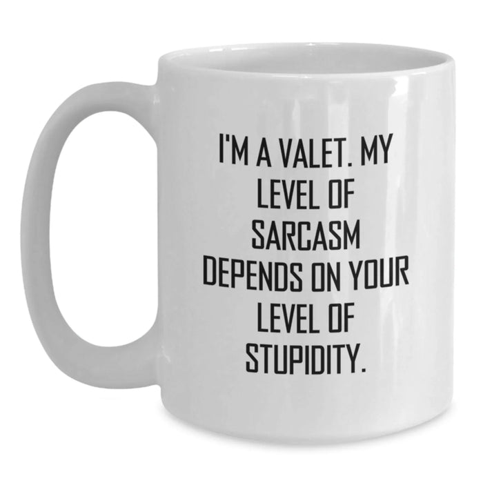 Funny Valet Gifts from Friends for Valet Man - I'm A Valet, My Sarcasm Depends On Your Level of Stupidity, White Coffee Mug, Birthday Unique Gifts - Main