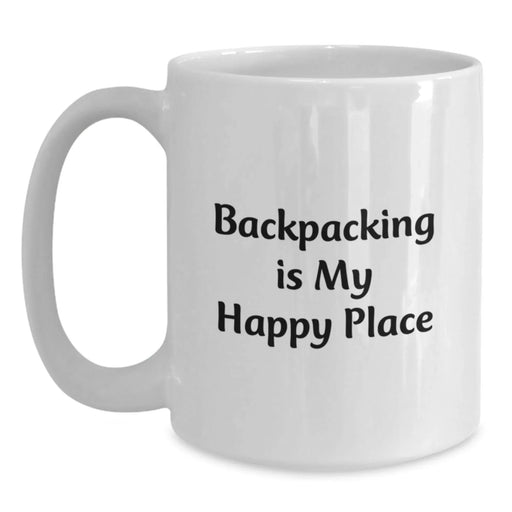 Funny Backpacking Gifts for Men - 'Backpacking Is My Happy Place' White Coffee Mug, Birthday Unique Gifts from Friends - Main