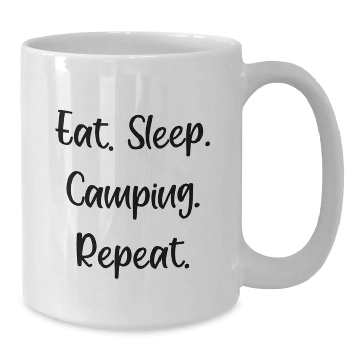 Funny Camping Gifts for Men - White Coffee Mug with Eat. Sleep. Camping. Repeat. - Christmas Unique Presents from Friends - Additional
