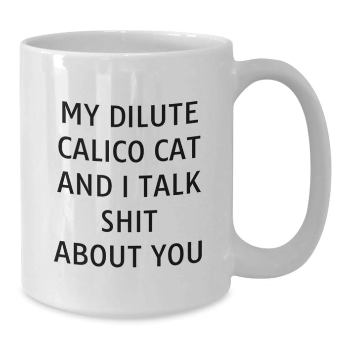 Dilute Calico Cat Lovers Funny Quote Gifts from Friends to Family - My Dilute Calico Cat And I Talk Shit About You White Coffee Mug for Birthday - Additional