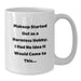 Funny Makeup Quotes Gifts for Women, Graduation Unique White Coffee Mugs, 11oz or 15oz Ceramic, 'Makeup Started Out As A Harmless Hobby...' - Additional