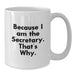 Funny Secretary Gifts from Friends - White Coffee Mug for Secretary, Because I Am The Secretary. That's Why. - Perfect Graduation Office Mug - Additional