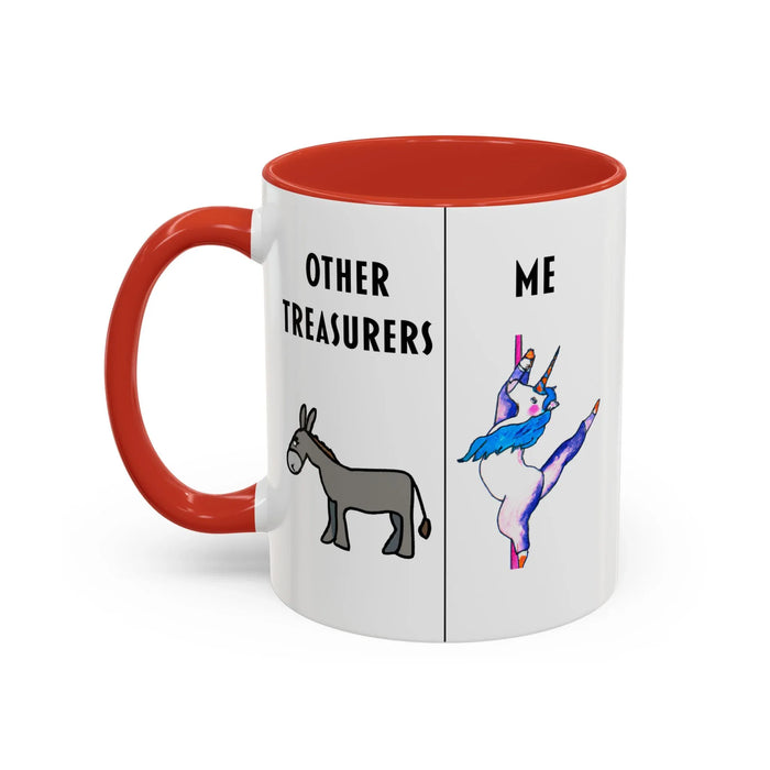 Funny Treasurer Coffee Mug — "Other Treasurers" Donkey / "Me" Pole-Dancing Unicorn (11oz)