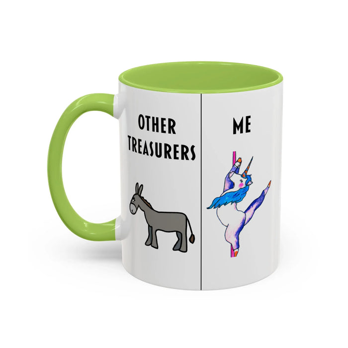 Funny Treasurer Coffee Mug — "Other Treasurers" Donkey / "Me" Pole-Dancing Unicorn (11oz)