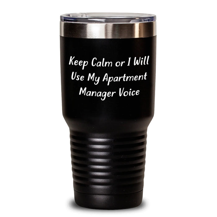 Funny Apartment Manager Gifts for Men, 'Keep Calm Or I Will Use My Apartment Manager Voice' Tumbler, 20oz or 30oz Vacuum-Insulated Black Tumbler with Lid, Gifts from Family to Dad on Father's Day - Main
