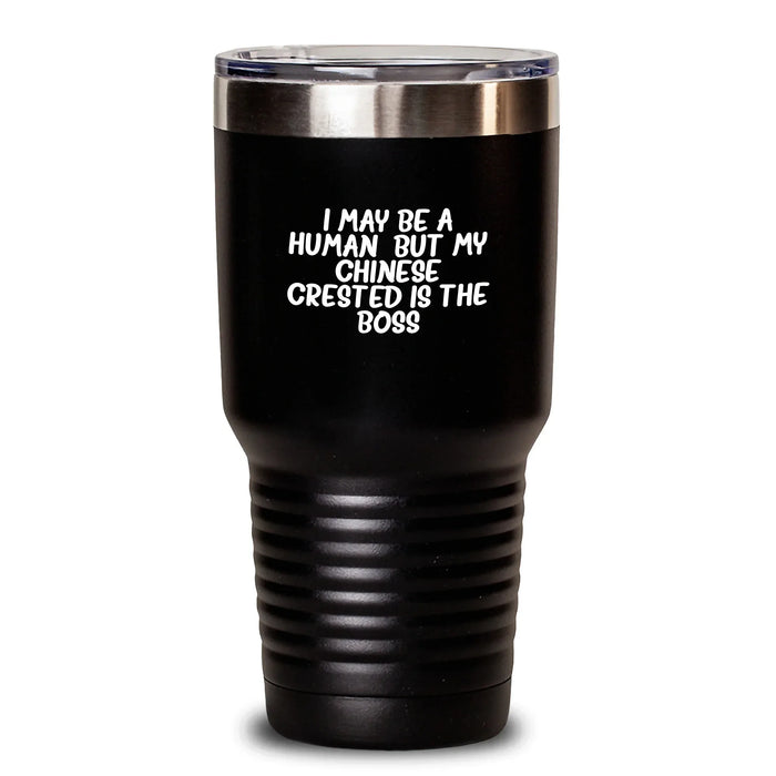 Chinese Crested Dog Funny Quote Birthday Unique Gifts from Friends to Family Tumbler, I May Be A Human, But My Chinese Crested Is The Boss - Main