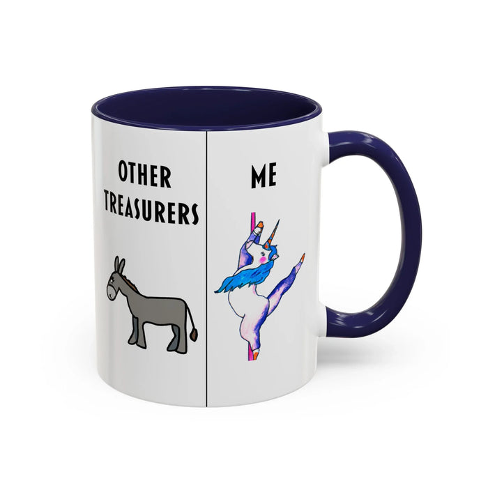 Funny Treasurer Coffee Mug — "Other Treasurers" Donkey / "Me" Pole-Dancing Unicorn (11oz)