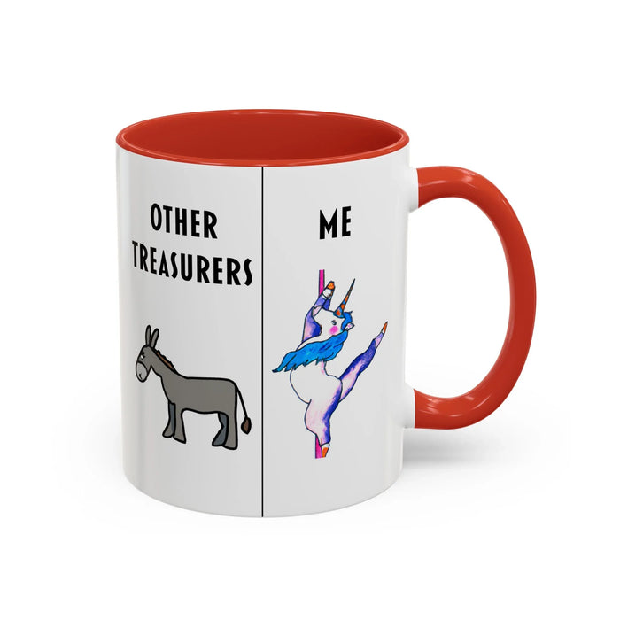Funny Treasurer Coffee Mug — "Other Treasurers" Donkey / "Me" Pole-Dancing Unicorn (11oz)