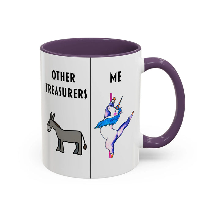Funny Treasurer Coffee Mug — "Other Treasurers" Donkey / "Me" Pole-Dancing Unicorn (11oz)