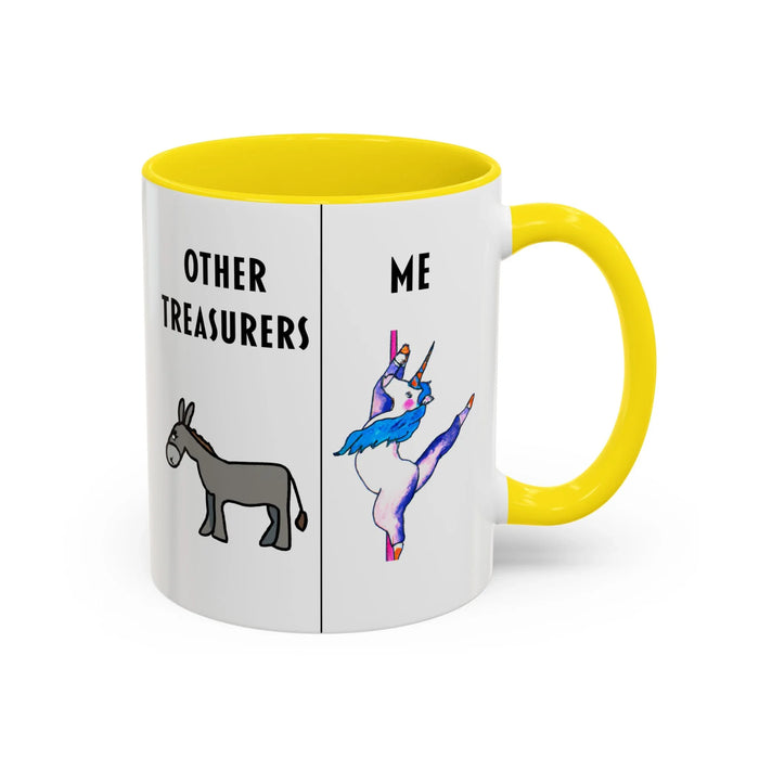 Funny Treasurer Coffee Mug — "Other Treasurers" Donkey / "Me" Pole-Dancing Unicorn (11oz)