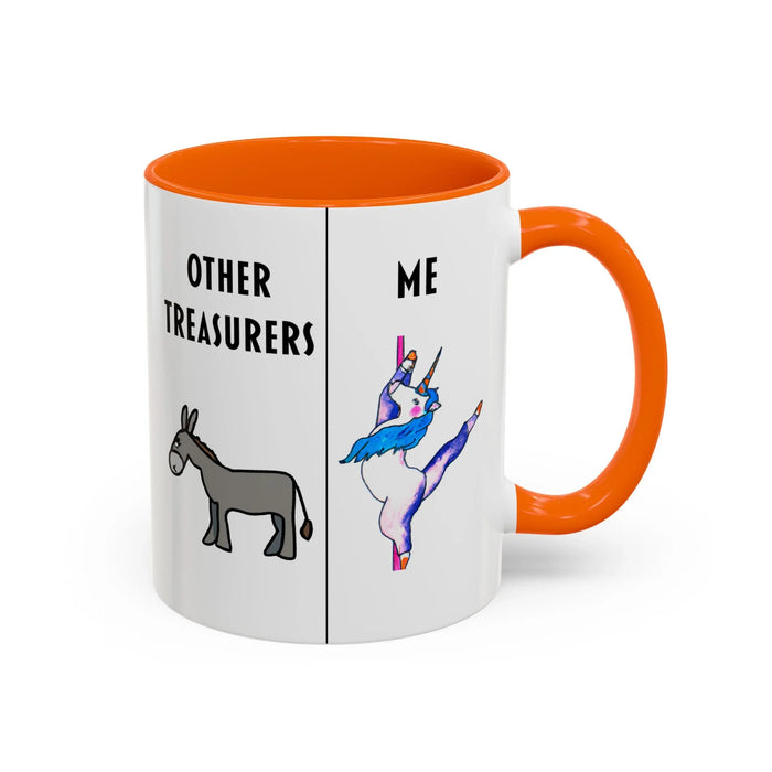 Funny Treasurer Coffee Mug — "Other Treasurers" Donkey / "Me" Pole-Dancing Unicorn (11oz)