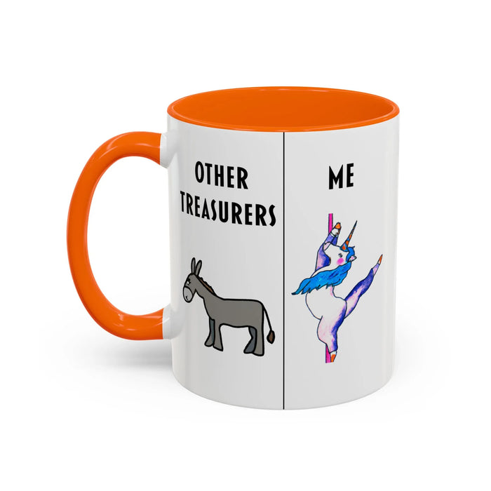Funny Treasurer Coffee Mug — "Other Treasurers" Donkey / "Me" Pole-Dancing Unicorn (11oz)