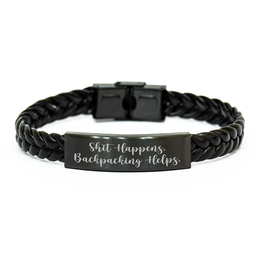 Funny Backpacking Gifts for Men - Interlaced Leather Bracelet with 'Shit Happens. Backpacking Helps.' Quote, Gifts from Dad for Father's Day - Image 1