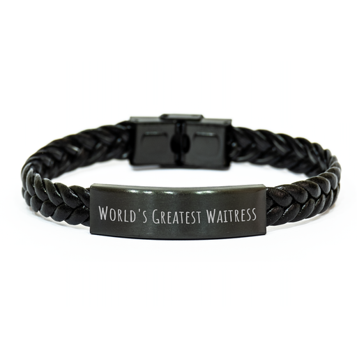 World's Greatest Waitress Funny Quote Interlaced Leather Bracelet Gifts for Waitress Men from Family on Father's Day - Image 1