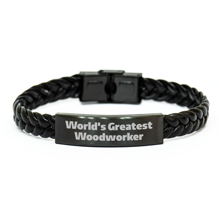 World's Greatest Woodworker Quote Interlaced Leather Bracelet, Gifts for Woodworkers, Father's Day Unique Presents from Men to Woodworking Friends - Image 1