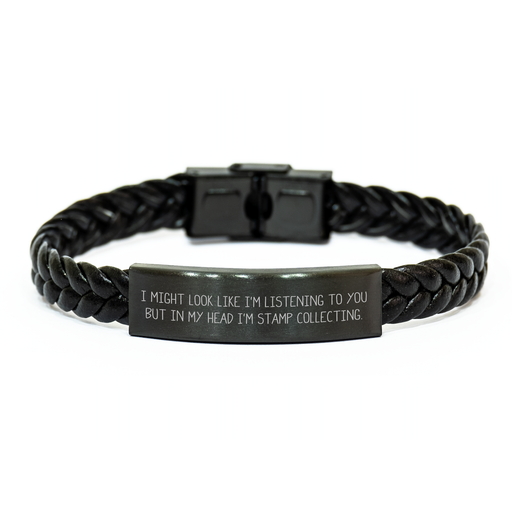 Funny Stamp Collecting Gifts from Men, Women, Friends & Family for Mother's Day - Interlaced Leather Stamp Collecting Quote Engraved Stainless Steel PU Leather Bracelet - Image 1