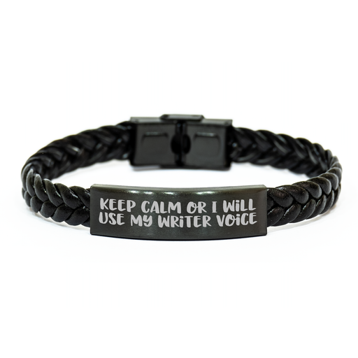 Writer's Humor Interlaced Leather Bracelet, Gifts from Family for Mom on Mother's Day, Keep Calm Or I Will Use My Writer Voice - Image 1