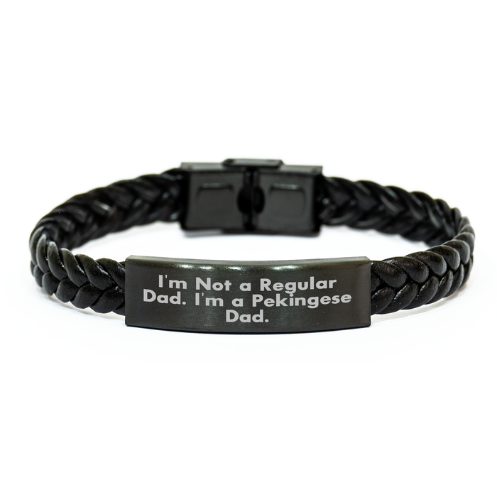 'Pekingese Dad' Funny Interlaced Leather Bracelet Gifts from Men to Pekingese Dog Owners on Graduation Day, Unique Pekingese Dog Gifts for Men, Funny Pekingese Dad Quote - Image 1