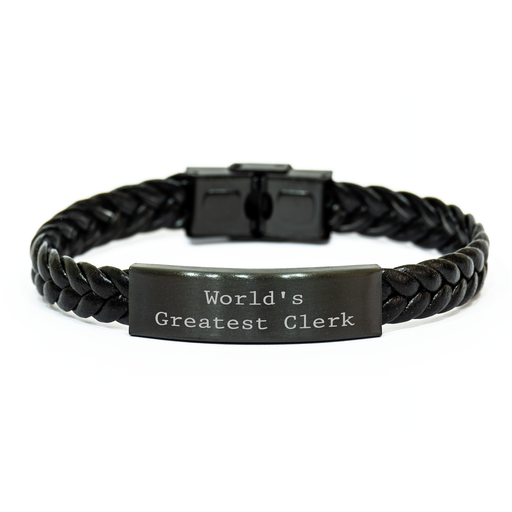 World's Greatest Clerk Gifts, Interlaced Leather Bracelet for Clerk, Graduation Unique Gifts from Men to Women, Friends, Coworkers, Family - Image 1