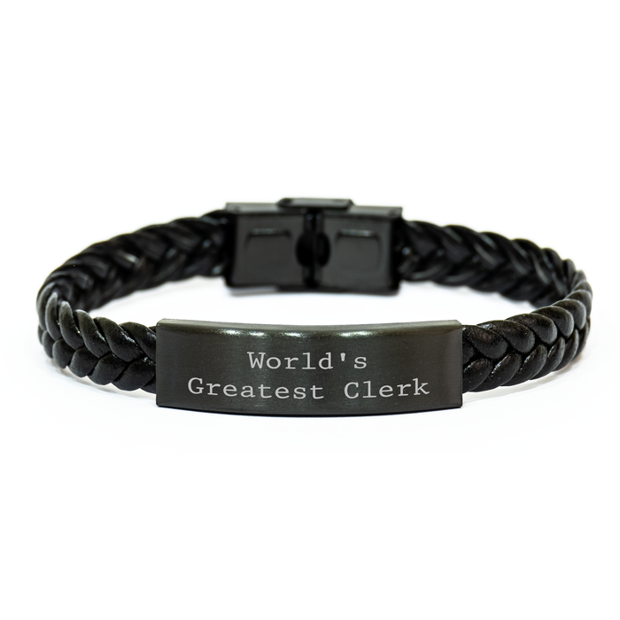 World's Greatest Clerk Gifts, Interlaced Leather Bracelet for Clerk, Graduation Unique Gifts from Men to Women, Friends, Coworkers, Family - Image 1