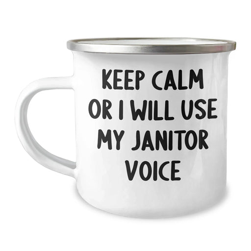 Funny Janitor Gifts for Him - Keep Calm Or I Will Use My Janitor Voice Camping Mug for Father's Day, Gifts from Men to Janitor Friends - Image 1