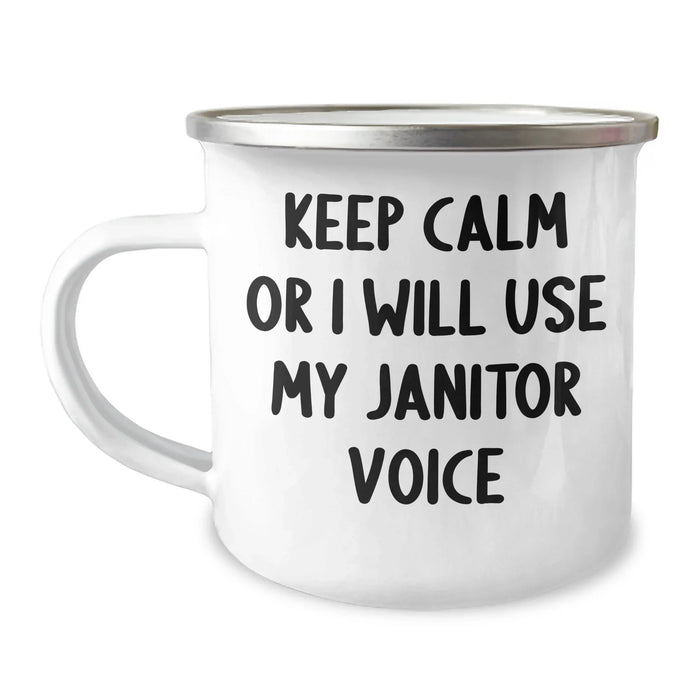Funny Janitor Gifts for Him - Keep Calm Or I Will Use My Janitor Voice Camping Mug for Father's Day, Gifts from Men to Janitor Friends - Image 1