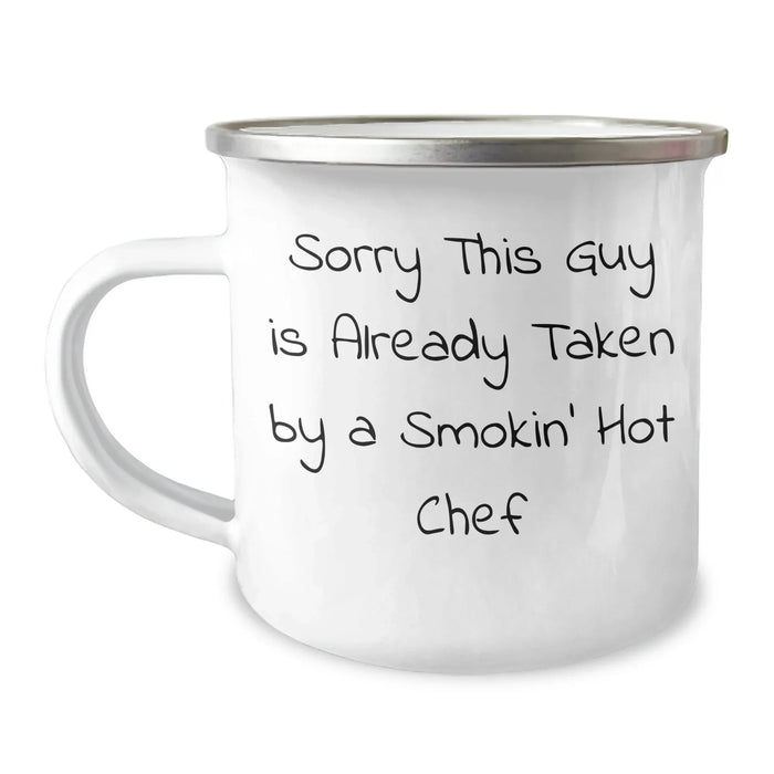 Funny Chef Gifts for Dad's Smokin' Hot Chef on Father's Day, Enamel Camping Mug from Friends - Image 1