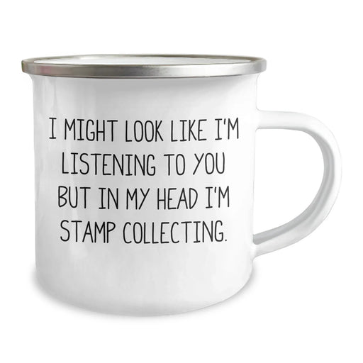 Funny Stamp Collecting Camping Mug for Mom on Mother's Day, Gifts from Family and Friends - 'I Might Look Like I'm Listening To You But In My Head I'm Stamp Collecting.' - Image 2