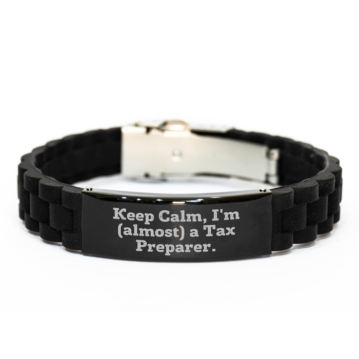 Tax Preparer Gifts, Keep Calm, I'm (almost) A Tax Preparer. Funny Graduation Glide lock Clasp Bracelet for Men, Women, Friends, Coworkers, Family from Loved Ones - Image 1