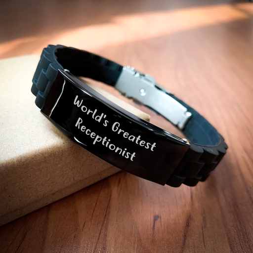 World's Greatest Receptionist Gift, Funny Quote, Glide lock Clasp Black Stainless Steel Silicone Adjustable Bracelet, Perfect for Father's Day Unique Gifts from Men to Coworker Receptionists - Image 2