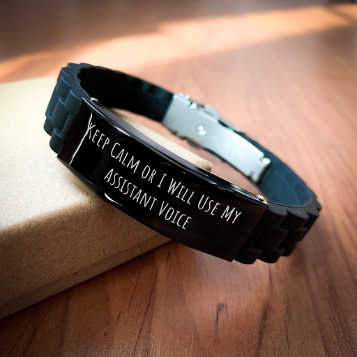 Funny Assistant Gifts from Friends for Men - Glide lock Clasp Black Stainless Steel Silicone Adjustable Bracelet - Keep Calm Or I Will Use My Assistant Voice - Image 2