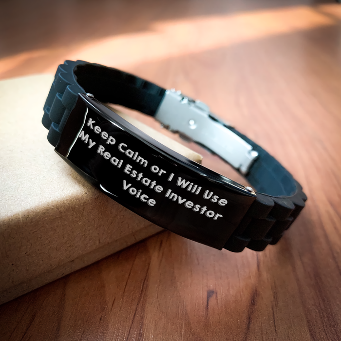 Funny Real Estate Investor Gifts from Men - Keep Calm Or I Will Use My Real Estate Investor Voice Glide lock Clasp Black Stainless Steel Silicone Adjustable Bracelet for Mother's Day - Image 2