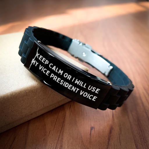 Funny Vice President Gifts for Men, Keep Calm Or I Will Use My Vice President Voice Glide lock Clasp Black Stainless Steel Adjustable Bracelet, Father's Day Unique Gifts from Men to Vice President - Image 2