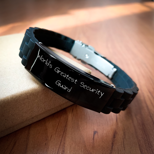Funny Security Guard Gifts from Sons - 'World's Greatest Security Guard' Glide lock Clasp Black Stainless Steel Silicone Adjustable Bracelet for Father's Day - Image 2