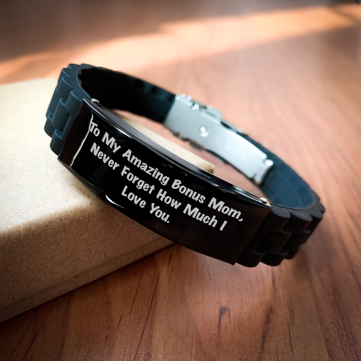 Inspirational Gift for Bonus Mom - 'To My Amazing Bonus Mom...' Glide lock Clasp Black Stainless Steel & Silicone Adjustable Bracelet, Perfect for Graduation - Image 2