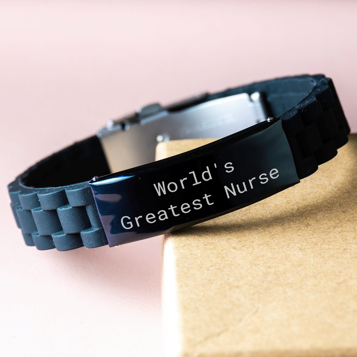 World's Greatest Nurse Funny Nurse Gifts from Family for Mother's Day Unique Glide lock Clasp Bracelet - Adjustable Black Stainless Steel Silicone - Image 3