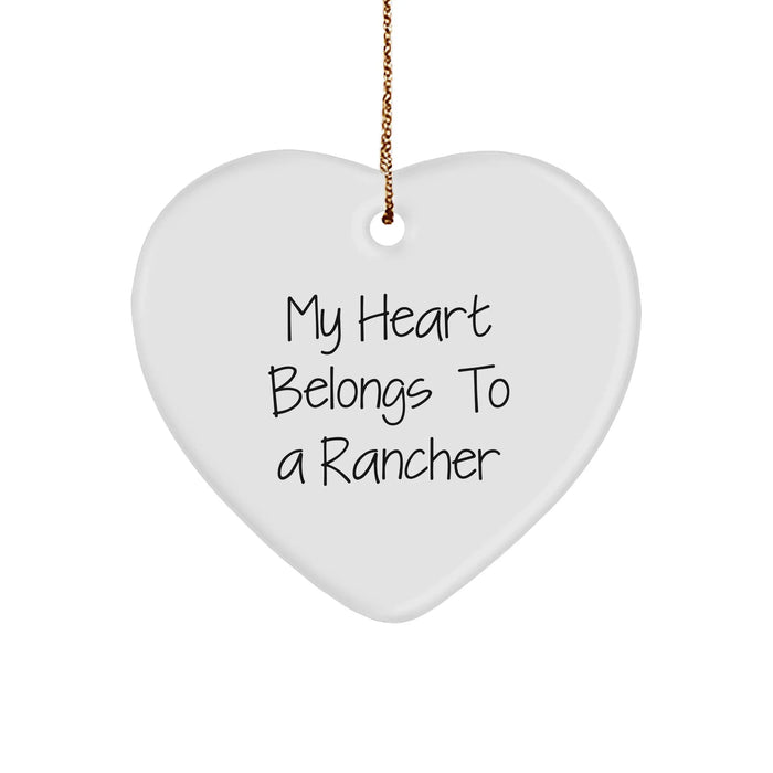 Funny Rancher Gifts from Men - My Heart Belongs To A Rancher Heart Ornament, White, Christmas Unique Gifts for Rancher, Heart Shaped, 2.75' Tall, 0.5 oz - Image 1