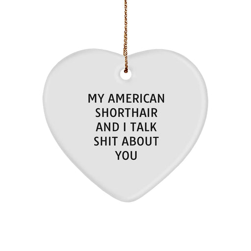 Funny American Shorthair Cat Lover Gifts from Friends for Christmas - Heart Ornament with 'My American Shorthair And I Talk Shit About You' Quote - Image 1
